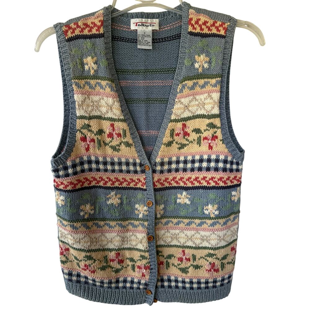 Talbots Size S Baby Blue knit Vest multicolor multi floral & geometric pattern - Picture 1 of 7